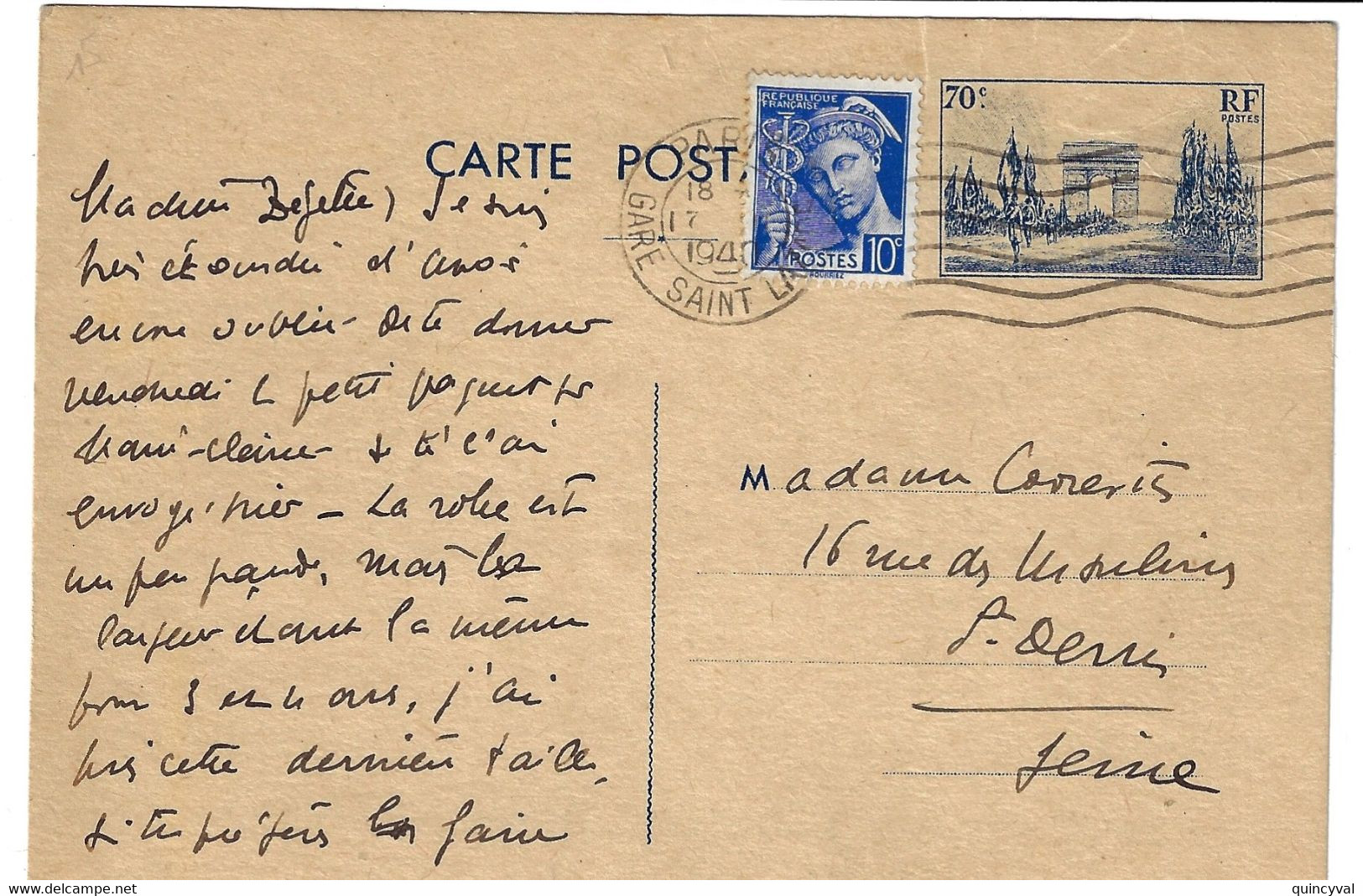 PARIS Gare St Lazare Carte Postale Entier 70c Défilé 11 Novembre Yv 403-CP1 Complément 10c Mercure Yv 407 Ob 1940 - Standard Postcards & Stamped On Demand (before 1995)