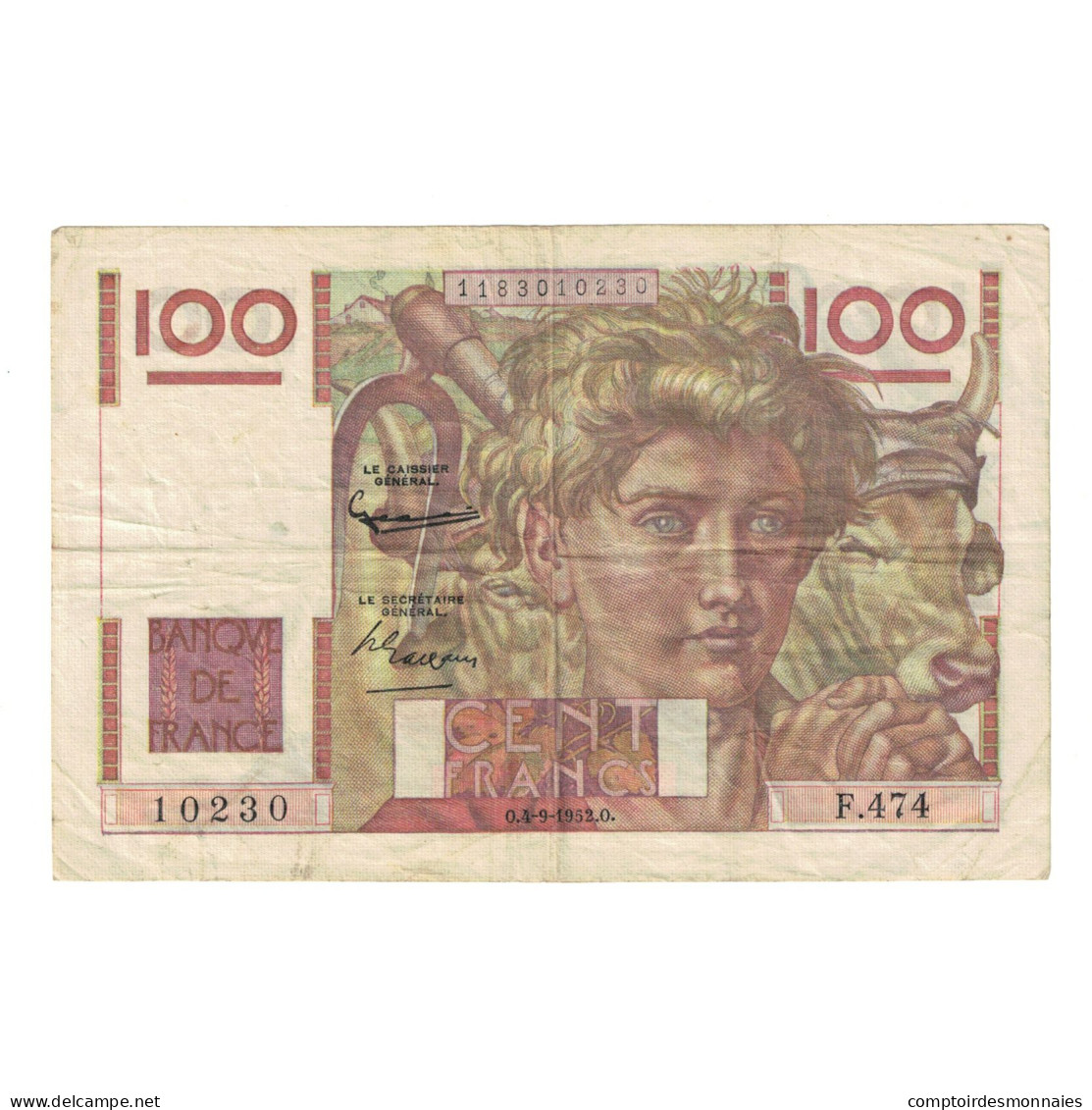 France, 100 Francs, Jeune Paysan, 1952, F.474, TTB, Fayette:28.29, KM:128d - 100 F 1945-1954 ''Jeune Paysan''