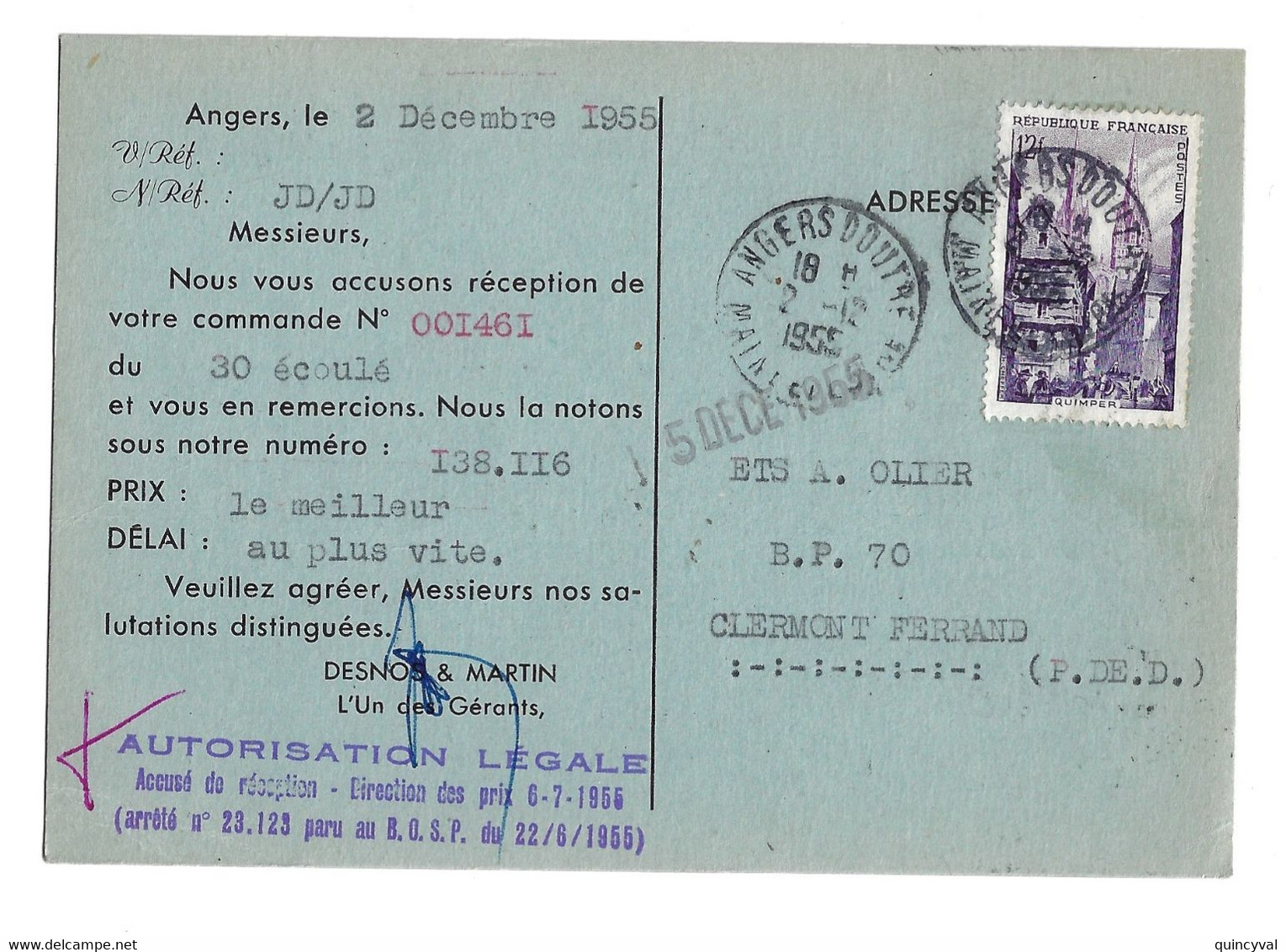 ANGERS Carte Postale Commerciale Ets Desnos Martin 12 F Quimper Yv 979 Ob ANGERS DOUTRE Ob 1955 - Brieven En Documenten