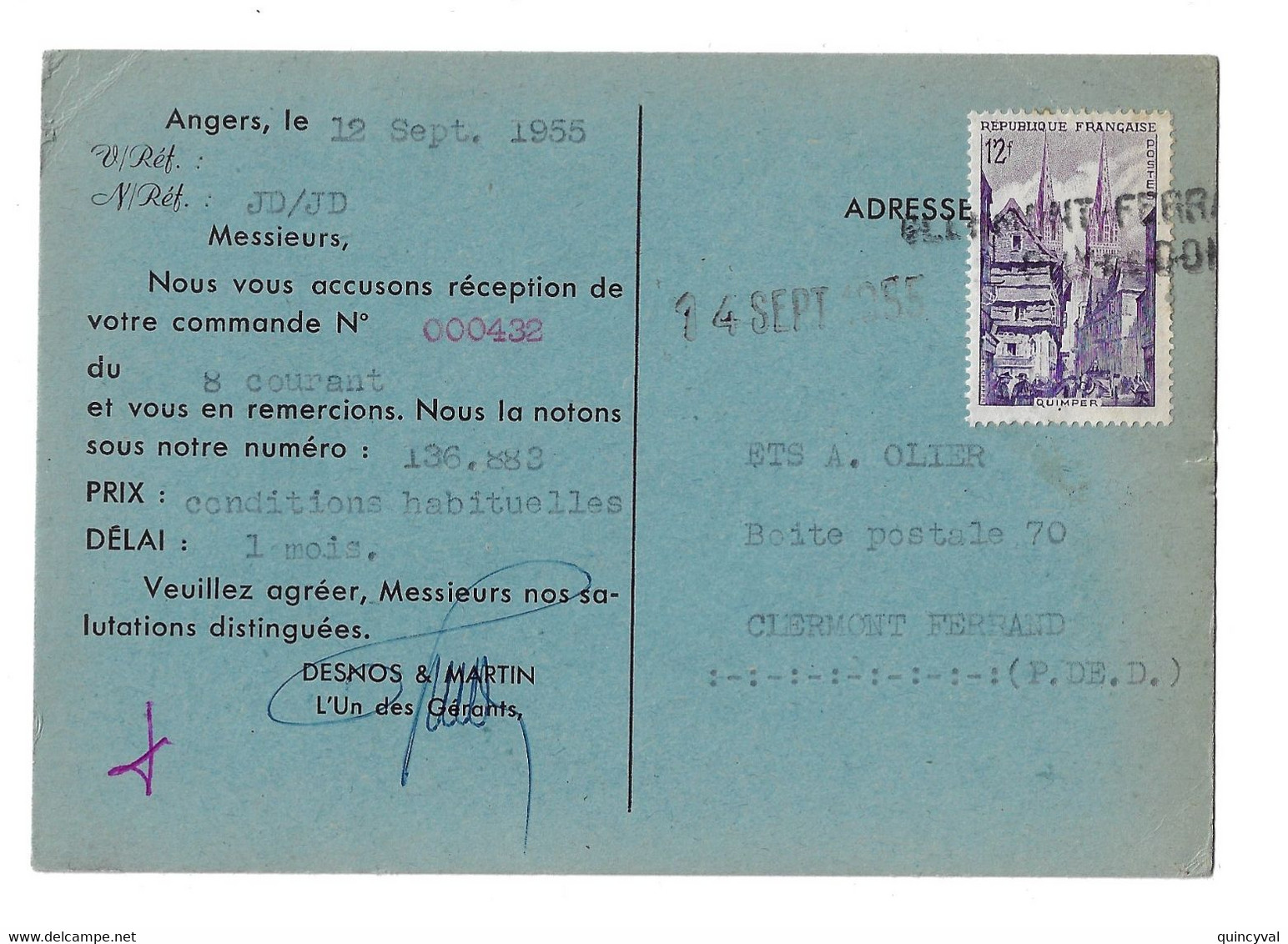 ANGERS Carte Postale Commerciale Ets Desnos Martin 12 F Quimper Yv 979 Ob à L'arrivée Clermont Ferrand - Storia Postale