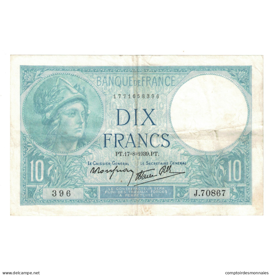 France, 10 Francs, Minerve, 1939, J.07867, TTB, Fayette:7.5, KM:84 - 10 F 1916-1942 ''Minerve''