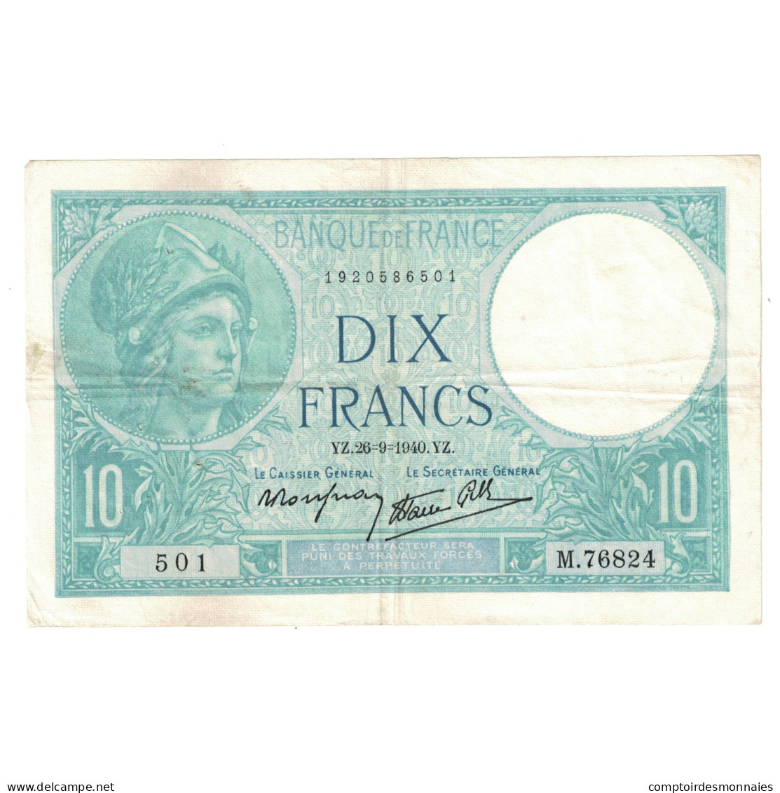 France, 10 Francs, Minerve, 1940, M.76824, TTB+, Fayette:7.15, KM:84 - 10 F 1916-1942 ''Minerve''