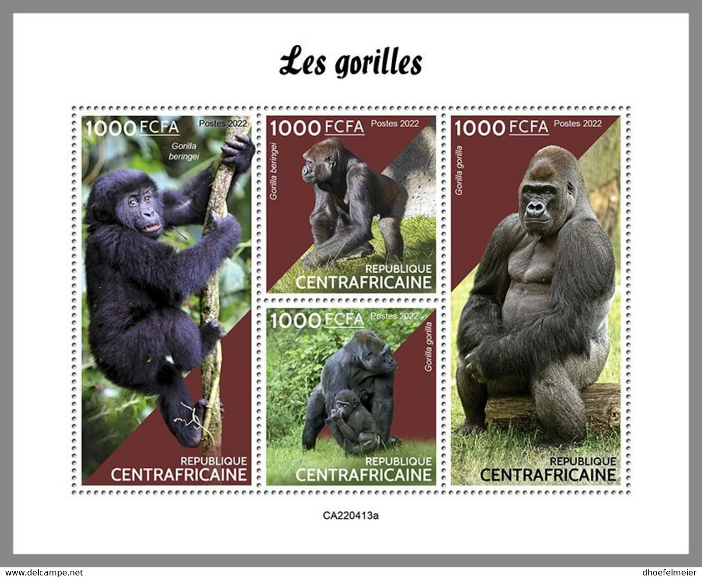 CENTRALAFRICA 2022 MNH Gorillas Gorilles M/S - OFFICIAL ISSUE - DHQ2241 - Gorilla's
