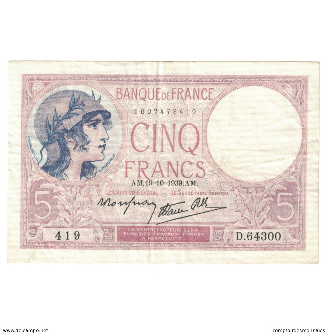 France, 5 Francs, Violet, 1939, D.64300, TTB+, Fayette:4.12, KM:83 - 5 F 1917-1940 ''Violet''