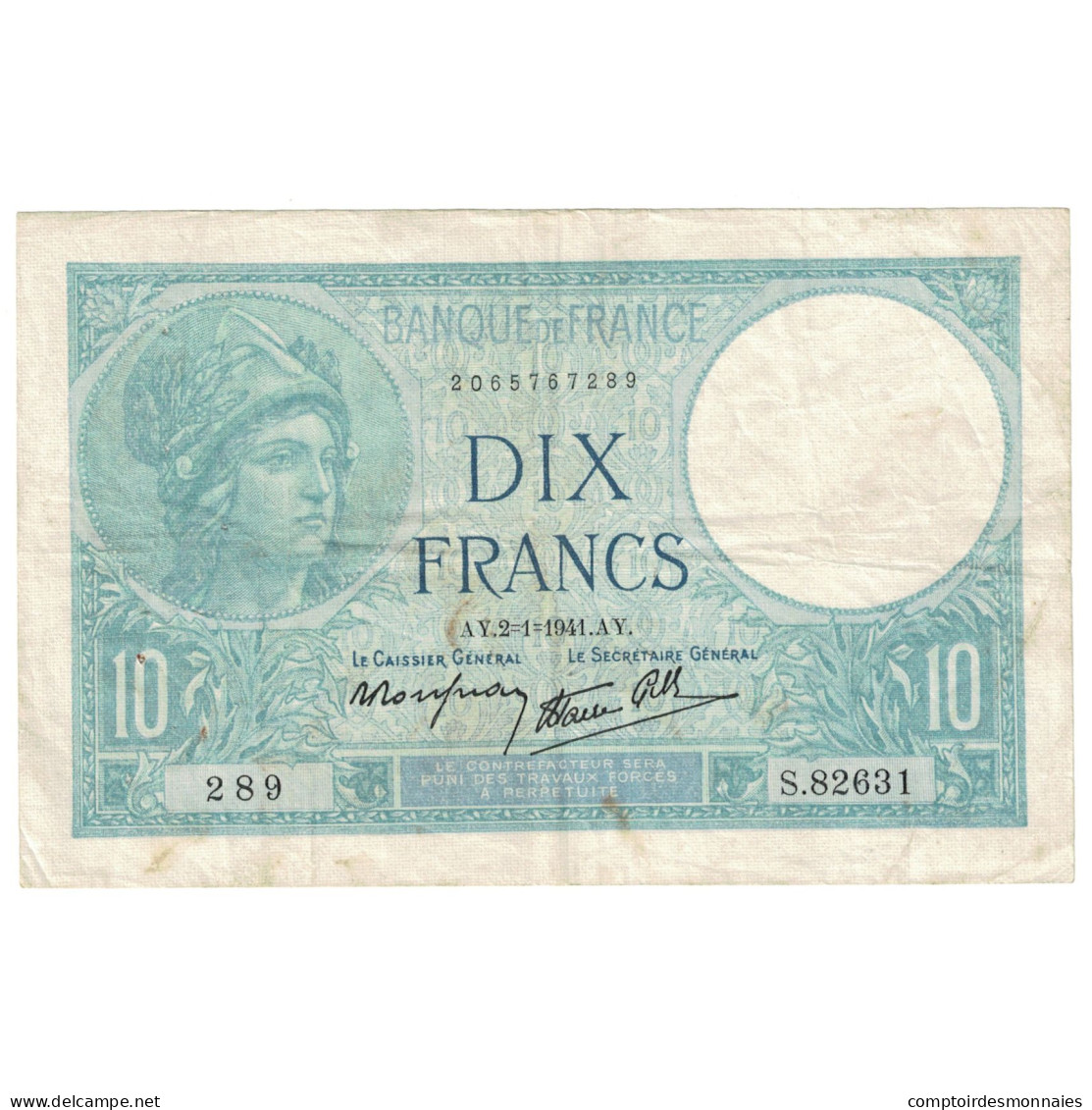 France, 10 Francs, Minerve, 1941, S.82631, TTB, Fayette:7.26, KM:84 - 10 F 1916-1942 ''Minerve''