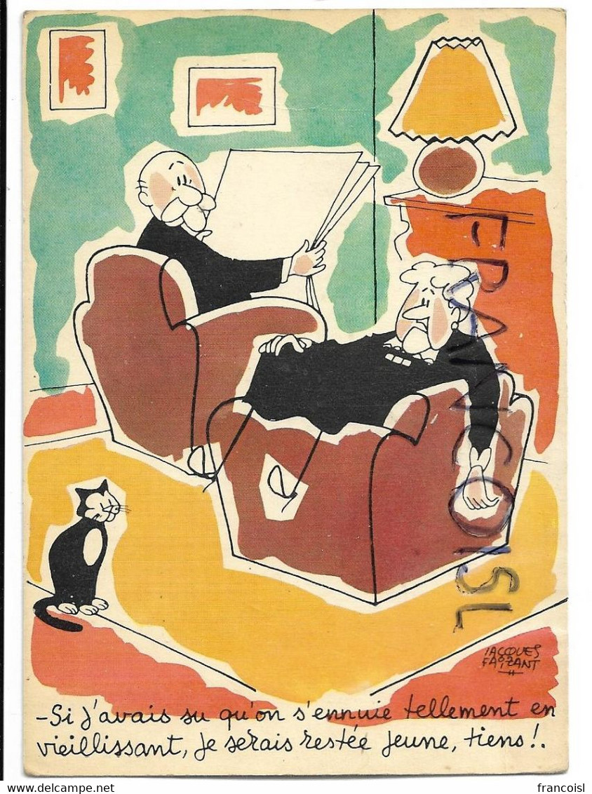 Couple âgé Et Chat:" Si J'avais Su Qu'on S'ennuie Tellement..." Signée Jacques Faizant - Faizant