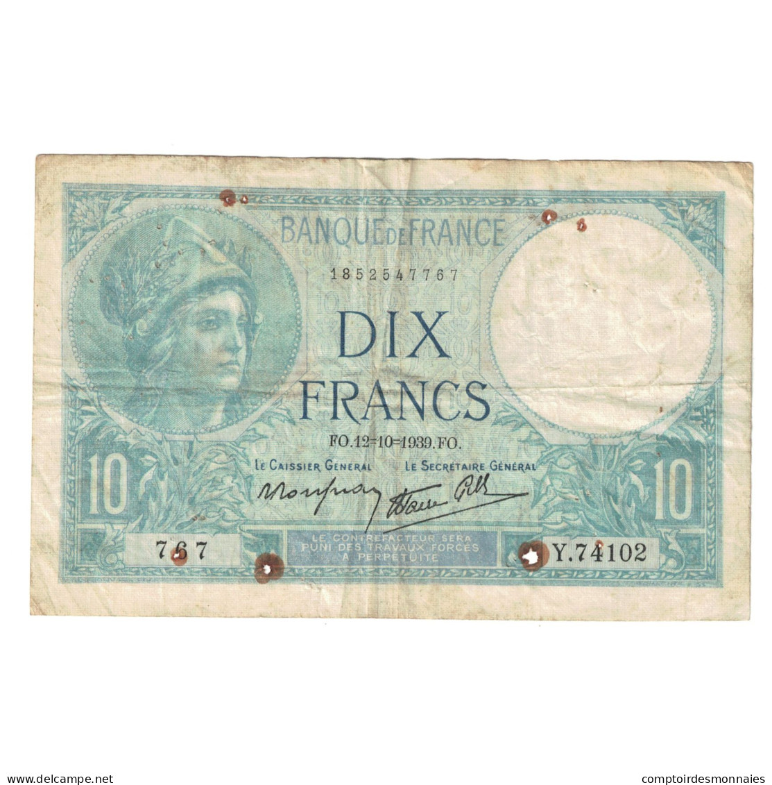 France, 10 Francs, Minerve, 1939, Y.74102, B, Fayette:07.11, KM:84 - 10 F 1916-1942 ''Minerve''