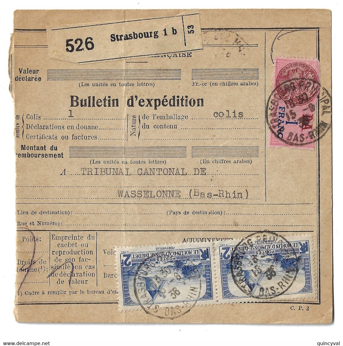 STRASBOURG   Bas Rhin Bulletin D'expédition Alsace Lorraine 1936 2 F Moulin De Daudet Yv 311 - Storia Postale