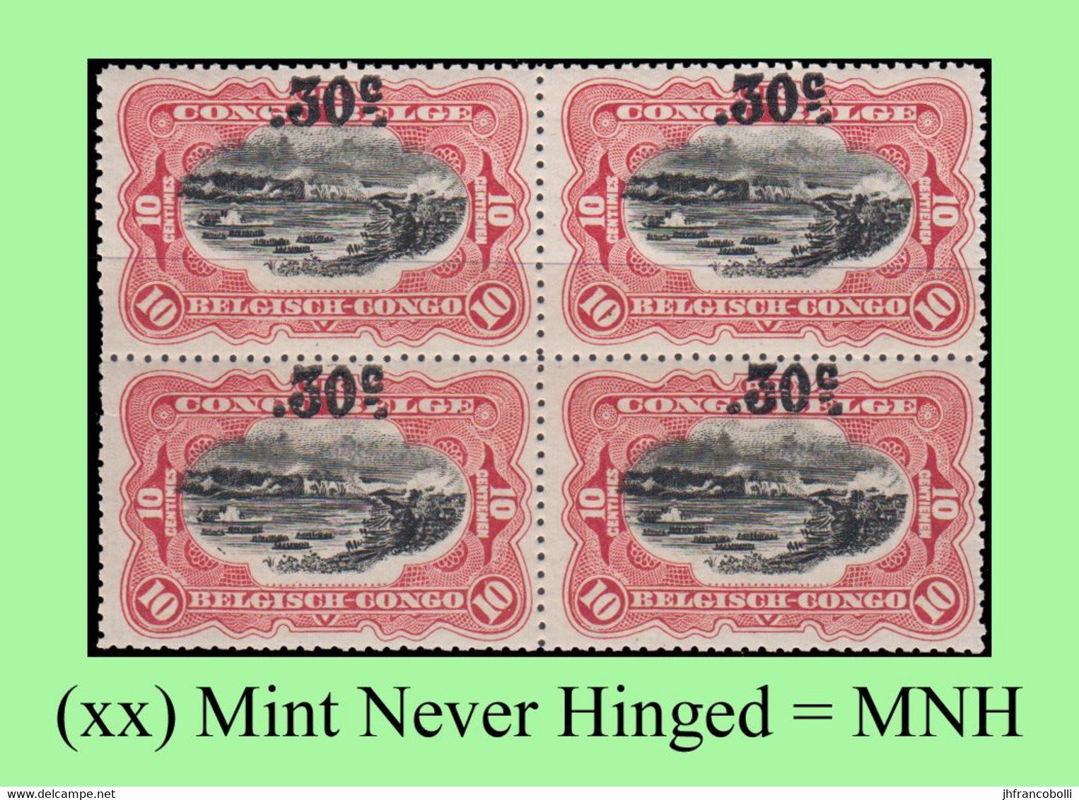 1922 ** BELGIAN CONGO / CONGO BELGE = COB 098 MNH RED RAPIDS : BLOC OF -4- STAMPS WITH ORIGINAL GUM - Blocks & Kleinbögen