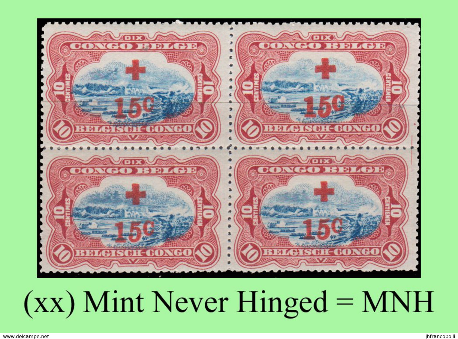 1918 ** BELGIAN CONGO / CONGO BELGE = COB 074 MNH RED CROSS RAPIDS : BLOC OF -4- STAMPS WITH ORIGINAL GUM - Blocks & Kleinbögen