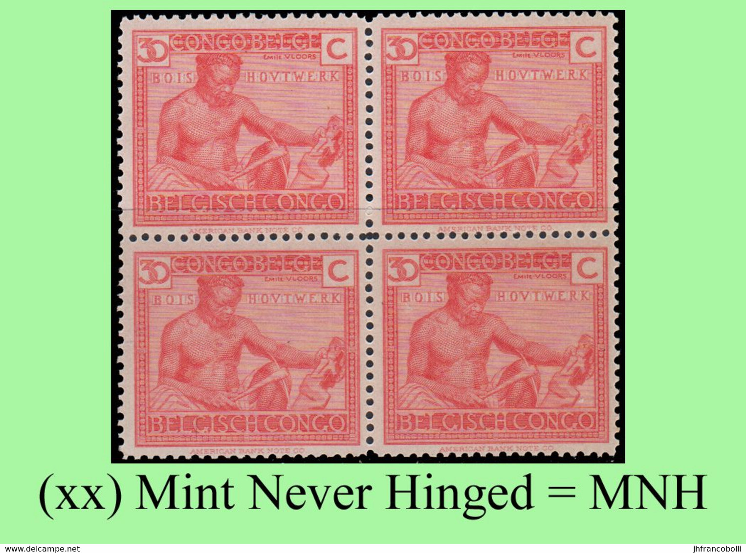 1923 ** BELGIAN CONGO / CONGO BELGE = COB 111 MNH PINK WOOD CARVING VLOORS -1-  : BLOC OF -4- STAMPS WITH ORIGINAL GUM - Blocks & Sheetlets