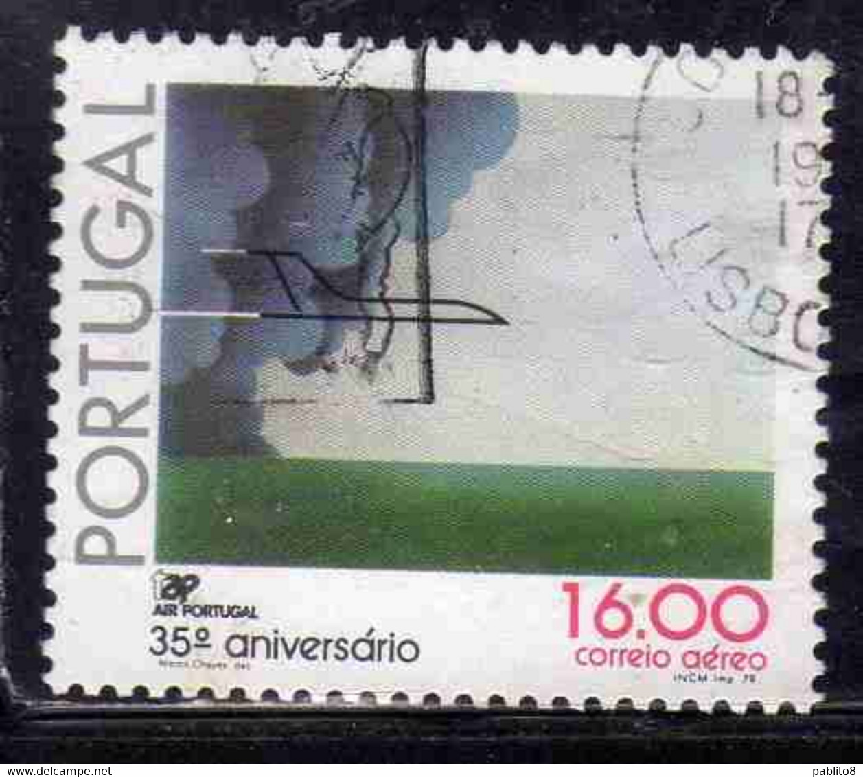 PORTUGAL PORTOGALLO 1979 AIR POST MAIL AIRMAIL POSTA AEREA TAP AIRLINE 35th ANNIVERSARY 16e USED USATO OBLITERE' - Used Stamps
