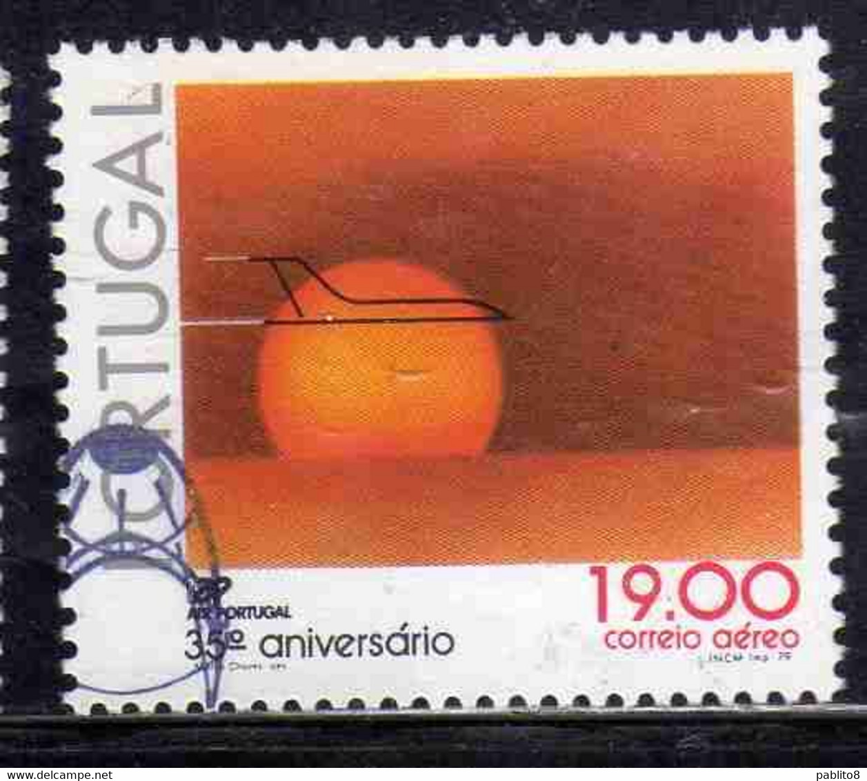PORTUGAL PORTOGALLO 1979 AIR POST MAIL AIRMAIL POSTA AEREA TAP AIRLINE 35th ANNIVERSARY 19e USED USATO OBLITERE' - Used Stamps