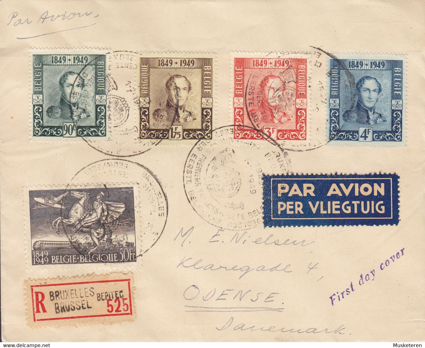 Belgium Par Avion Per Vliegtuig Registered Recommandé Labels BRUXELLES 1949 FDC Cover Premier Jour Lettre ODENSE Denmark - ....-1951