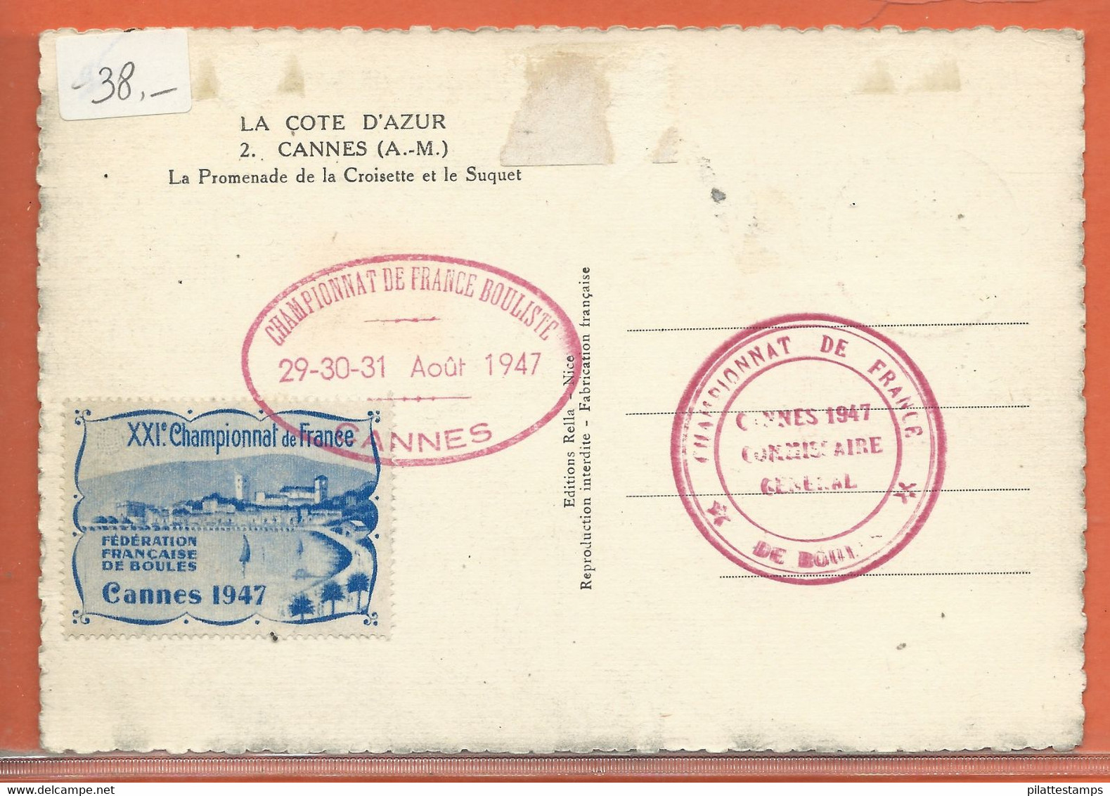 SPORT PETANQUE FRANCE OBLITERATION DE 1947 DE CANNES - Petanque