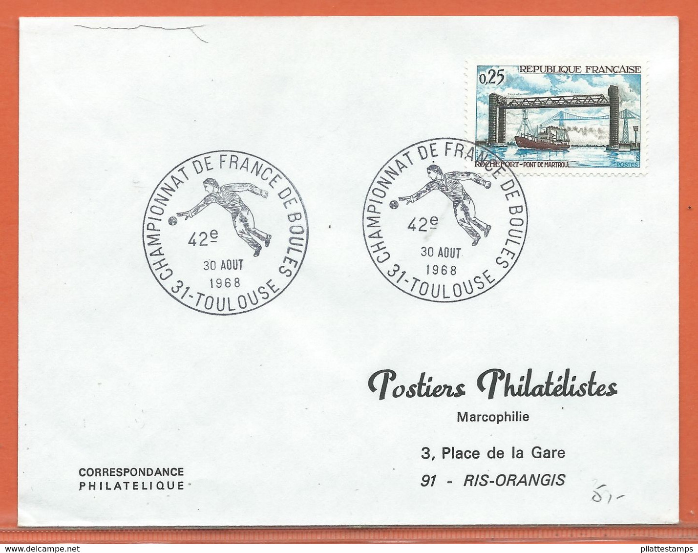 SPORT PETANQUE FRANCE OBLITERATION DE 1968 DE TOULOUSE - Pétanque