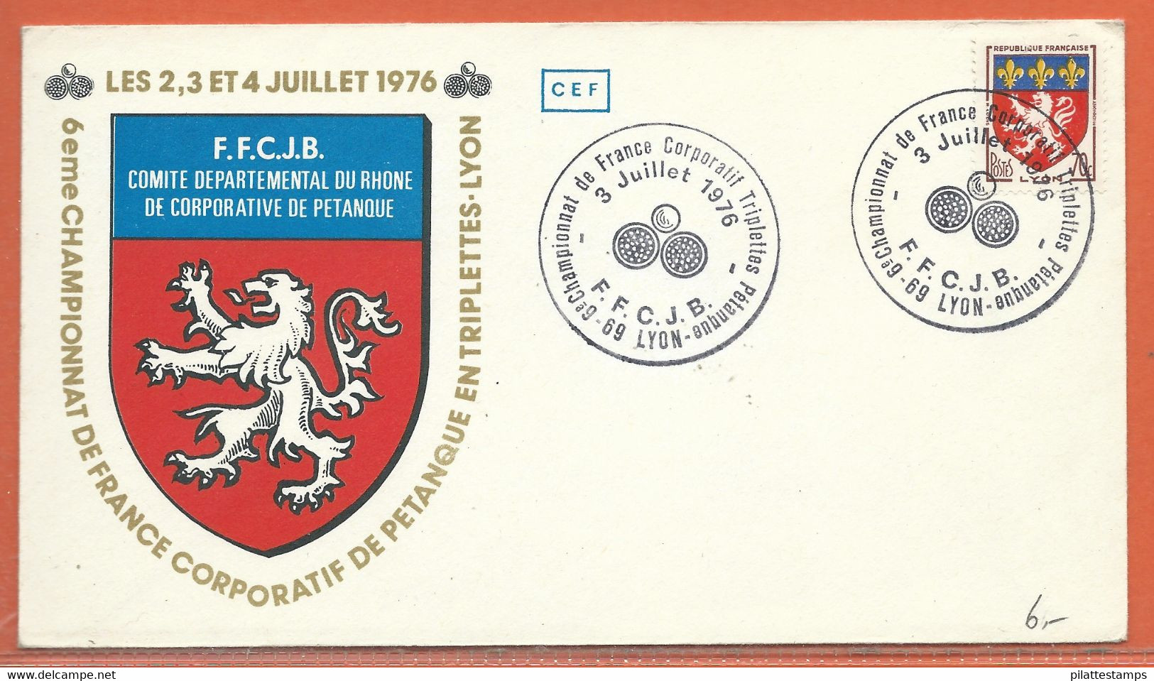SPORT PETANQUE FRANCE OBLITERATION DE 1976 DE LYON - Boule/Pétanque