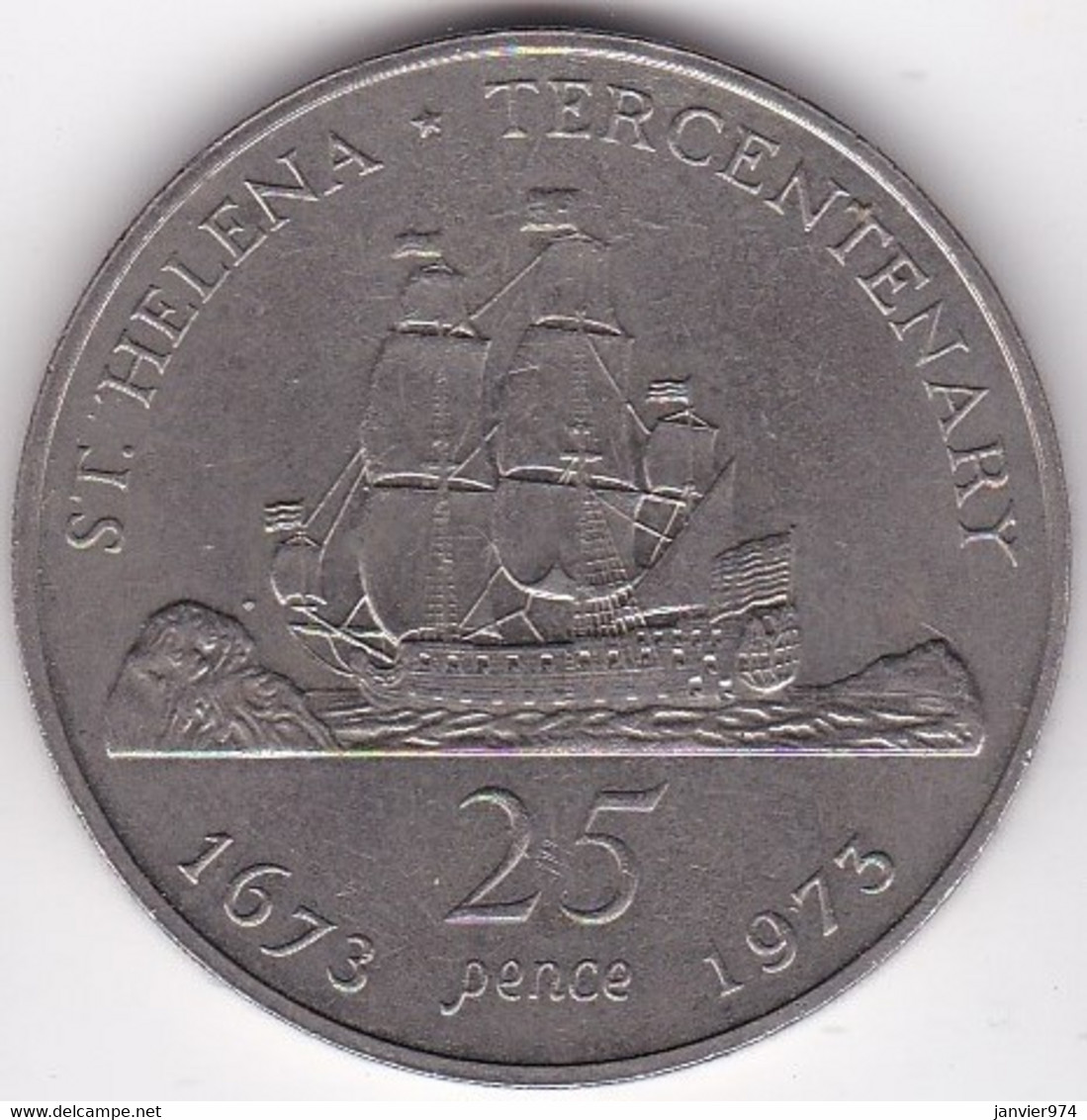 Saint Helene 25 Pence 1973 Tricentenaire Elizabeth II, En Argent , KM# 5a. - Santa Helena