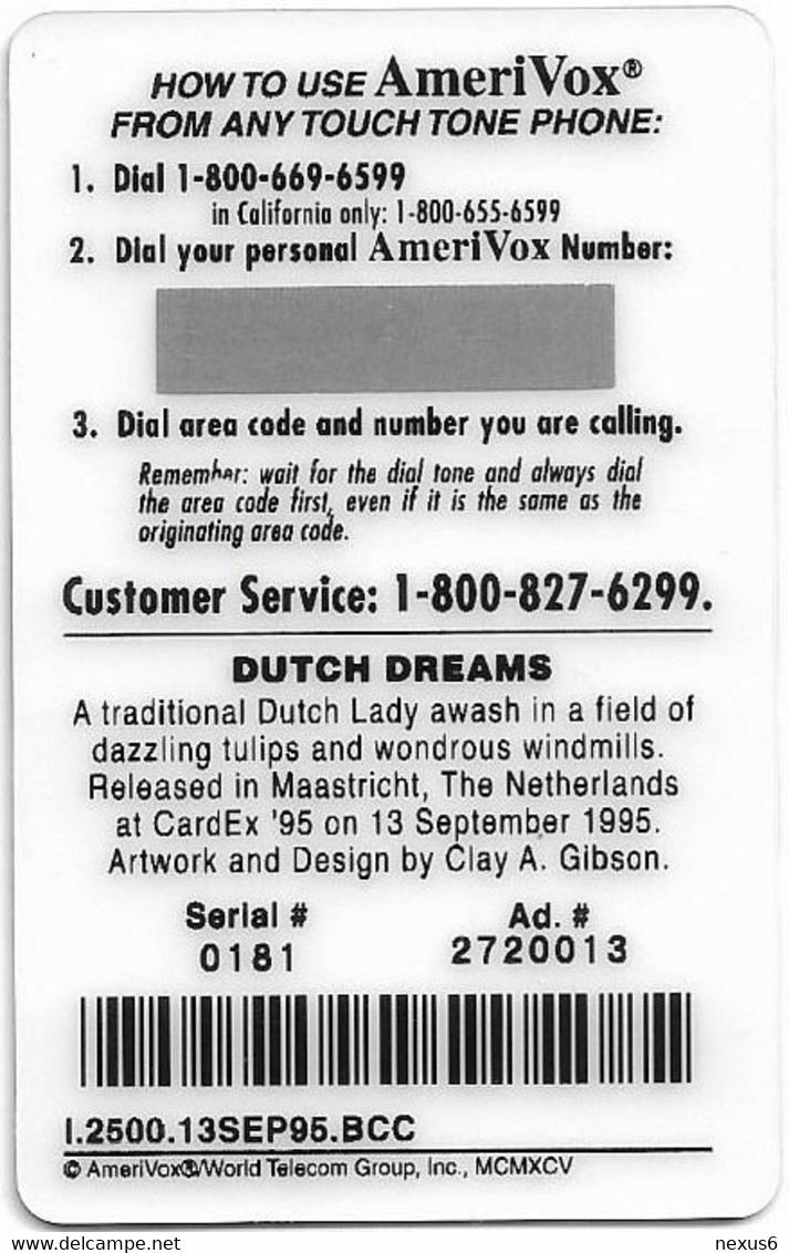 USA - AmeriVox - CardEx '95 Maastricht, Dutch Dreams, 13.09.1995, Remote Mem. 1$, 2.500ex, Mint - Amerivox