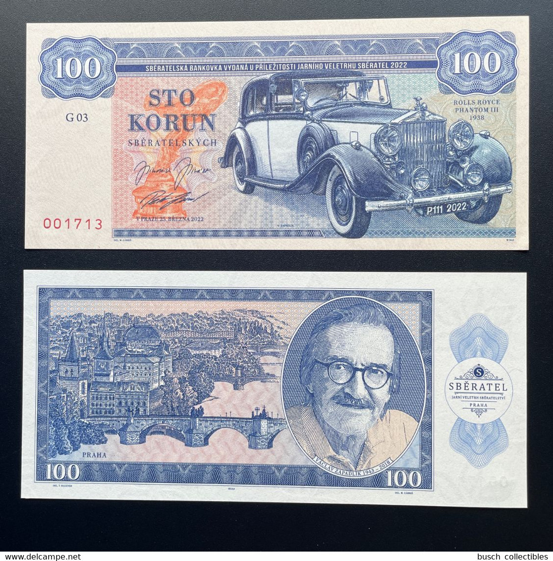 2021 Matej Gabris 100 Korun "G03" Ceskoslovensko Mercedes Benz 540 1936 Praha Zapadlik UNC SPECIMEN ESSAY Tirage Limité - Fictifs & Spécimens