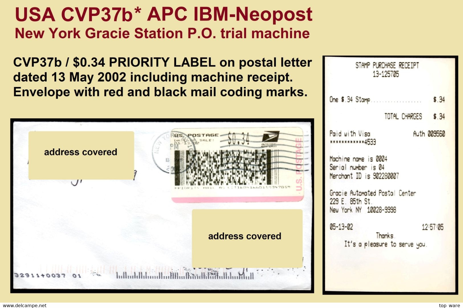 USA 2002 / CVP37b / ATM 34c On Cover 13 May 02 + Receipt / IBM Trial Machine NY LSA Distributeurs Automatenmarken CVP - Automaatzegels [ATM]