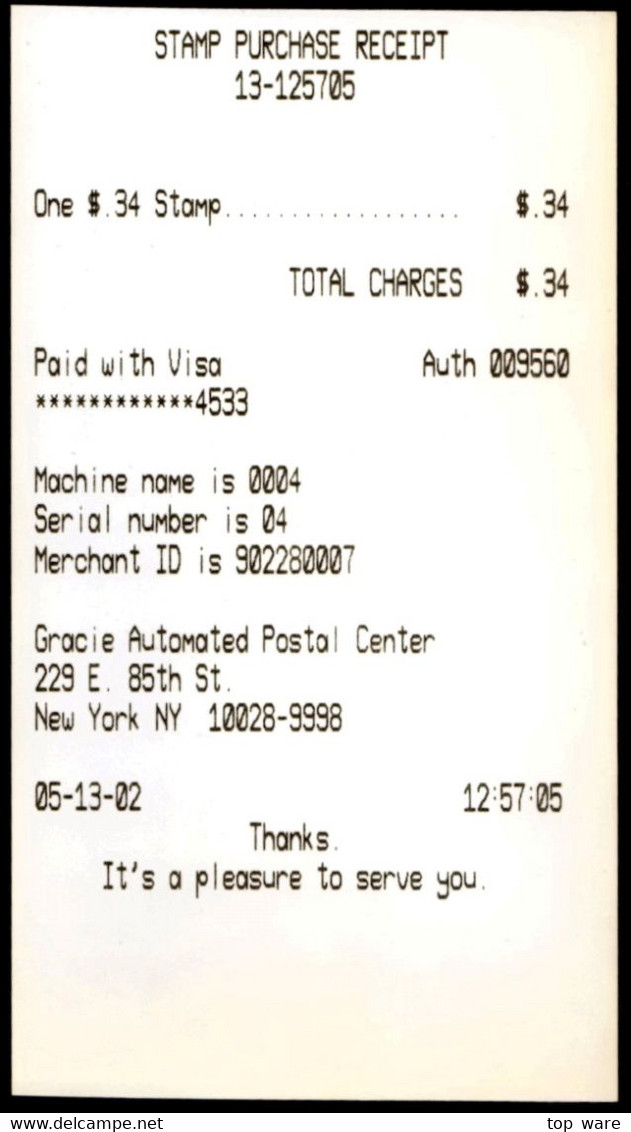 USA 2002 / CVP37b / ATM 34c On Cover 13 May 02 + Receipt / IBM Trial Machine NY LSA Distributeurs Automatenmarken CVP - Automaatzegels [ATM]