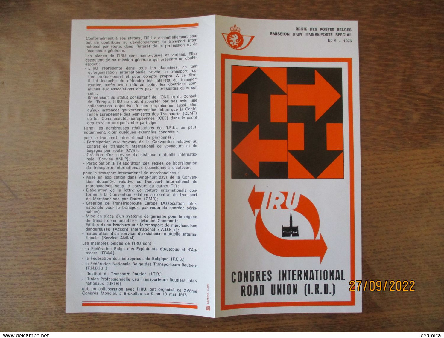 CONGRES INTERNATIONAL ROAD UNION (I.R.U.) EMISSION D'UN TIMBRE POSTE SPECIAL N°9 -1976 XVe CONGRES 8-5-1976 BRUXELLES - 1907-1941 Anciens [A]