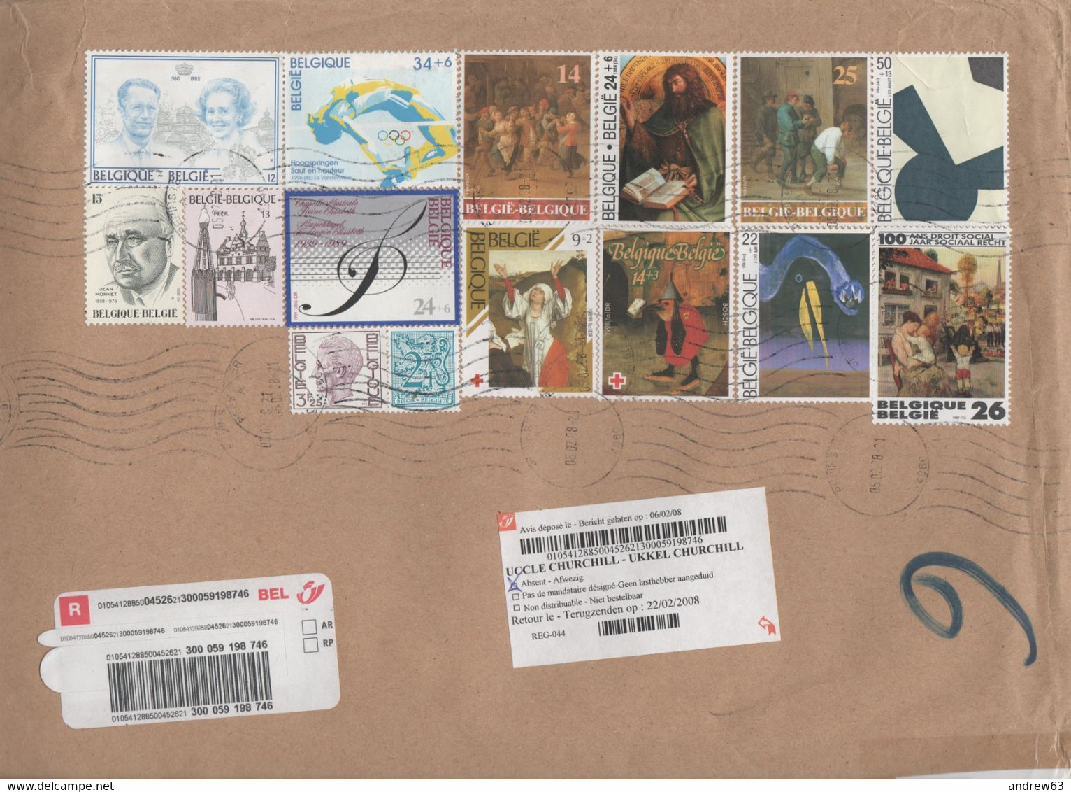 BELGIO - BELGIE - BELGIQUE - 2008 - 15 Stamps - Registered - Big Envelope - Viaggiata Da Pepinster Per Brussels - Cartas & Documentos