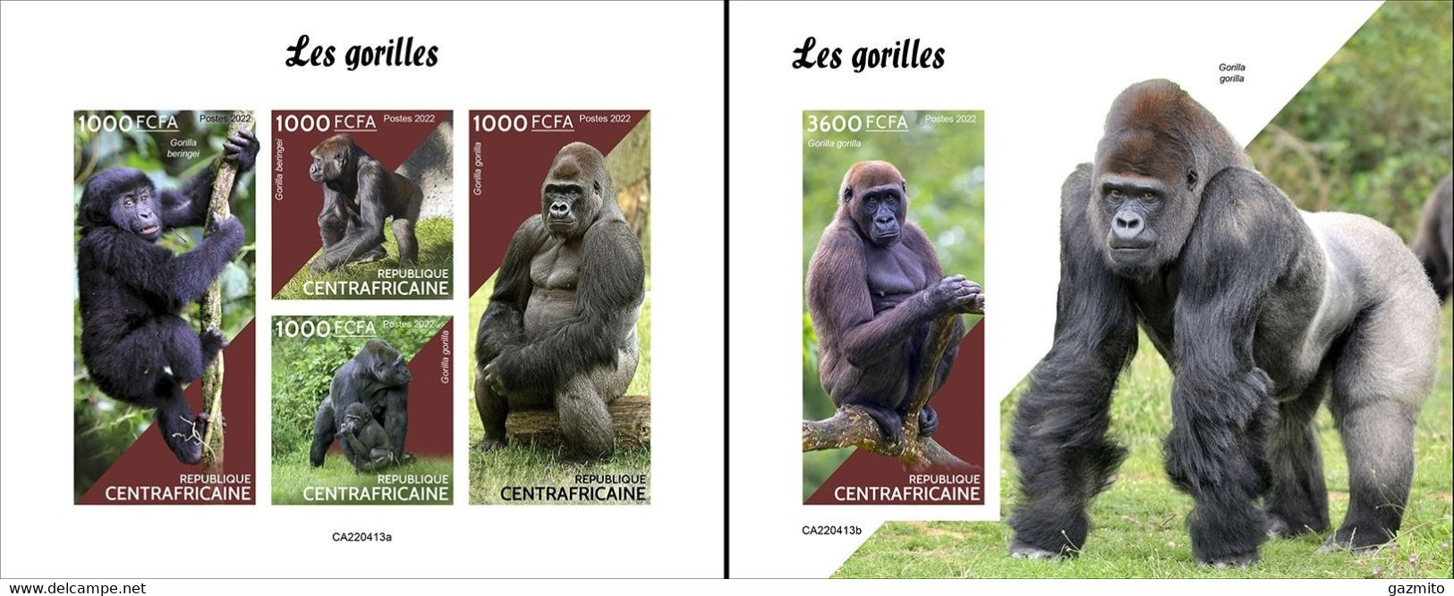 Centrafrica 2022, Animals, Gorillas, 4val In BF+BF IMPERFORATED - Gorilla's