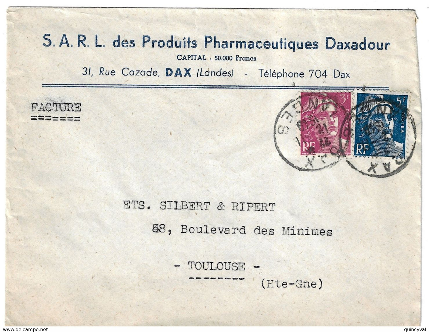 DAX Landes Lettre Entête Produits Pharmaceutiques DAXADOUR Gandon 5F Bleu 3 F Violet Yv 806 719B Tf Facture Ob 1948 - Storia Postale