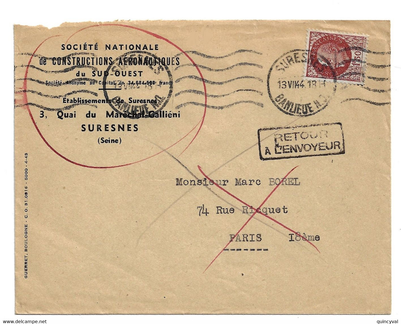 SURESNES Banlieue N O Lettre Entête Const AERONAUTIQUES Ob Meca 1,50 F Pétain Yv 517 Retour Envoyeur - Lettres & Documents