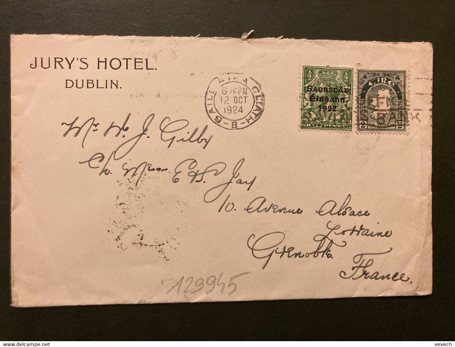 LETTRE Pour La FRANCE TP 2 + TP 1/2 P Surch.SAORSTAT EIREANN 1922 OBL.MEC.12 OCT 1924 + JURY'S HOTEL DUBLIN - Covers & Documents