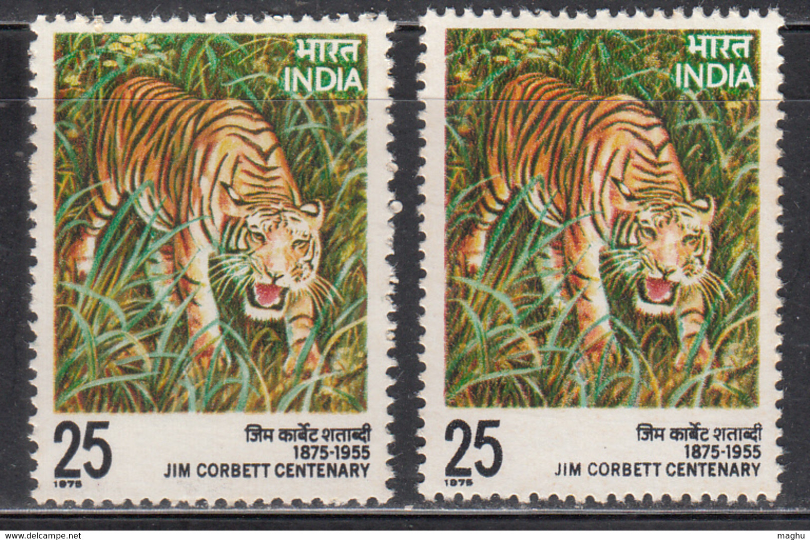 EFO, Colour Shift / Dry Print Variety, India MNH 1976,  Jim Corbett Cent., Writer,Tiger Project, Animal - Errors, Freaks & Oddities (EFO)