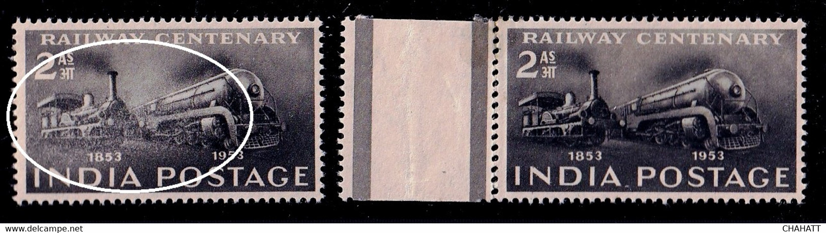 INDIA-1953- STEAM ENGINE- RAILWAYS-PRE DECIMAL- GUTTER MARGIN WITH - COLOR VARIETY-WMK- MNH-SCARCE-B9-2005 - Unused Stamps