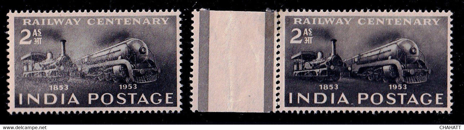 INDIA-1953- STEAM ENGINE- RAILWAYS-PRE DECIMAL- GUTTER MARGIN WITH - COLOR VARIETY-WMK- MNH-SCARCE-B9-2005 - Unused Stamps