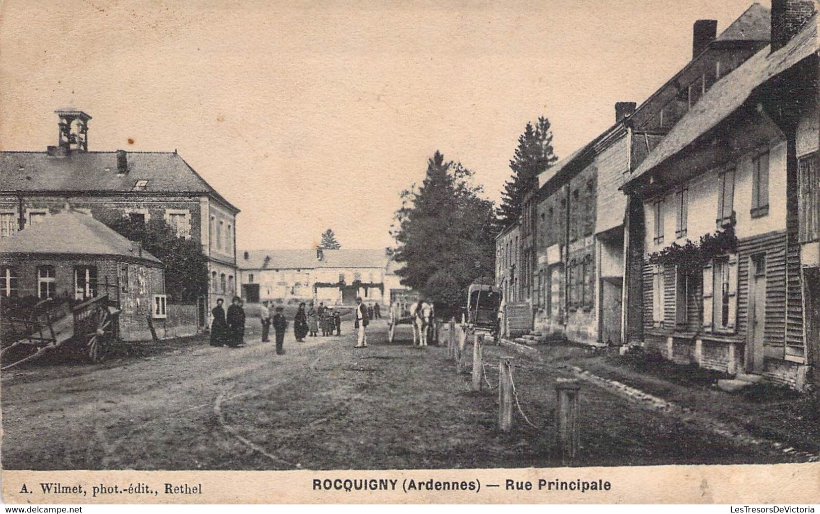 CPA - 08 - ROCQUIGNY - Rue Principale - Animée - Chevaux - Charette - A Wilmet Rethel - Sonstige & Ohne Zuordnung