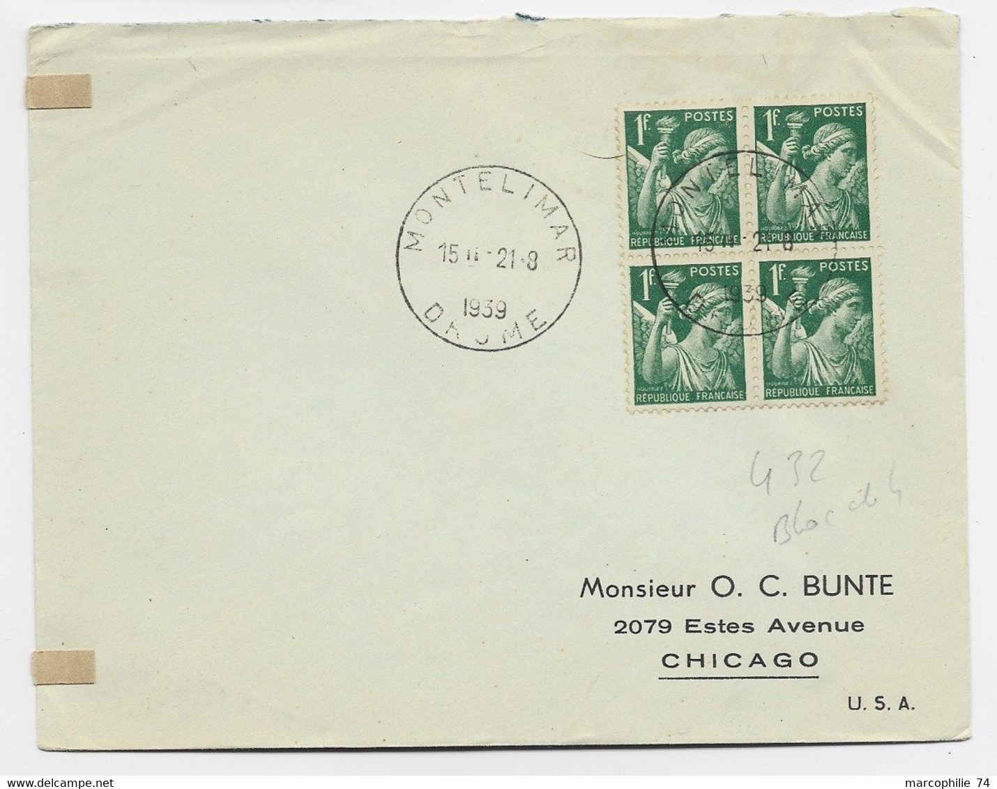 IRIS 1FR VERT BLOC DE 4 LETTRE COVER MONTELIMAR 21.8.1939 DROME POUR USA - 1939-44 Iris