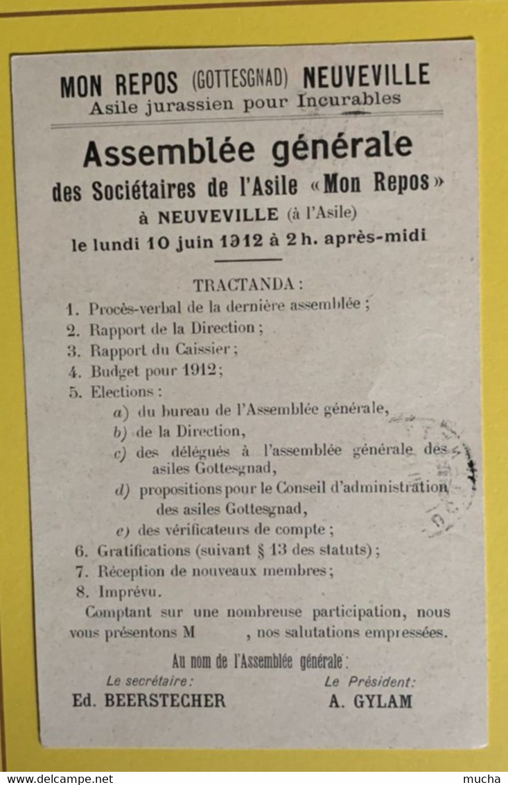 18605 - Carte Mon Repos (Gottesgnad) Asile D'incurables Jura Bernois Neuveville 1.06.1912 Pour Reuchenette  Franchise 2A - Portofreiheit