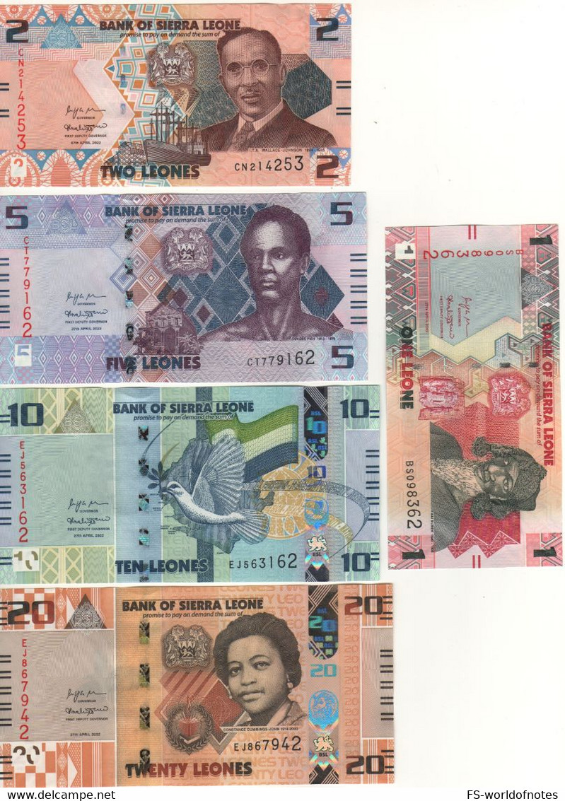 SIERRA  LEONE  Attractive New Issue "Full Set 1-2-5-10-20  Leones  Pnew    Dated  27.4.2022 - Sierra Leone
