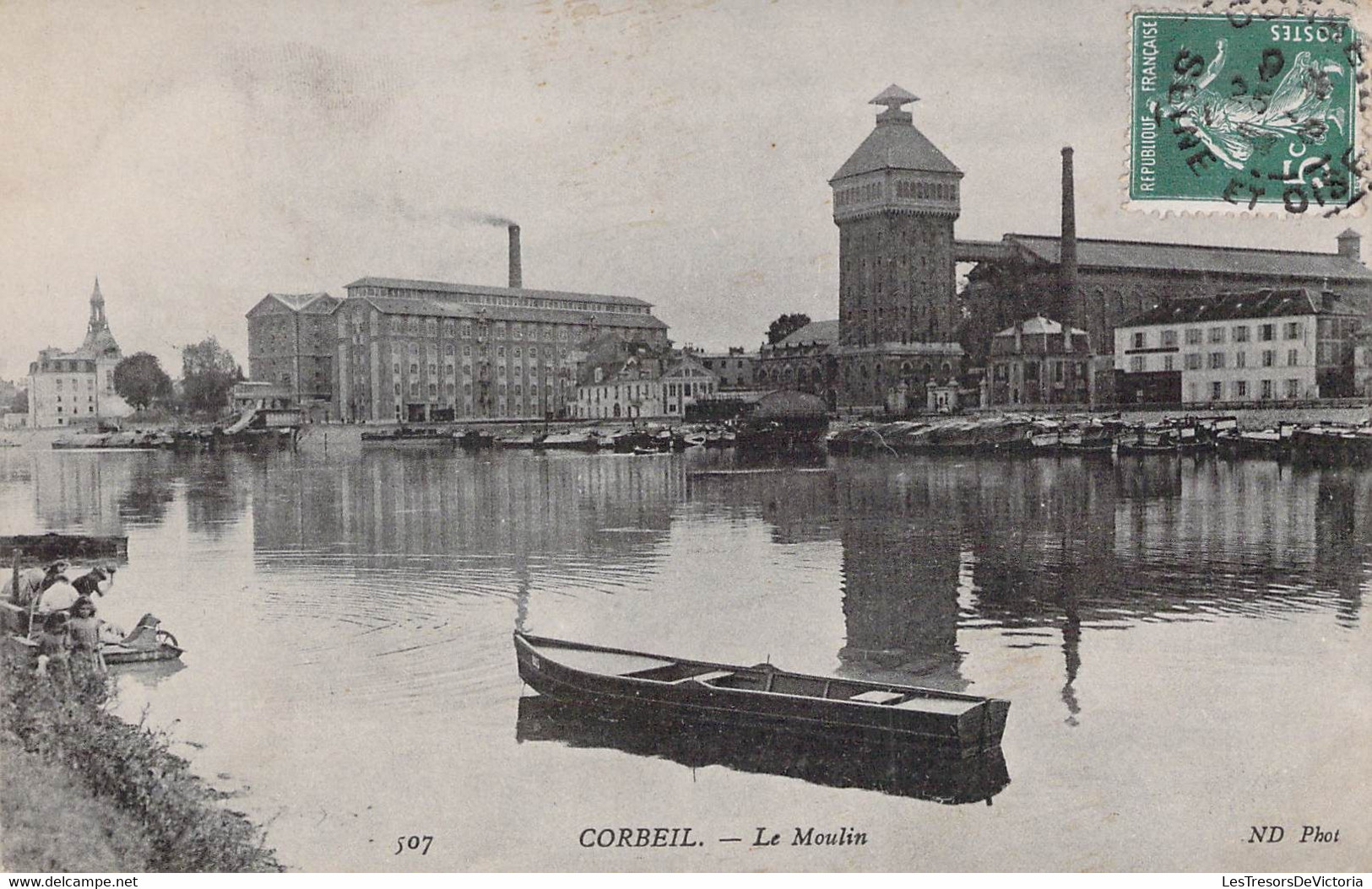 CPA - 91 - CORBEIL - Le Moulin - Barque - Oblitérée à PLOUEZEC 1908 - Corbeil Essonnes