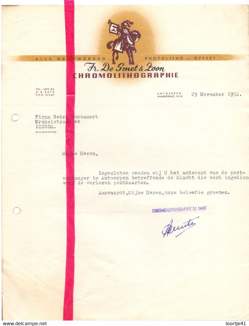 Factuur Facture Lettre Brief - Antwerpen - Chromolithographie FR. De Smet & Zoon - 1952 - Drukkerij & Papieren