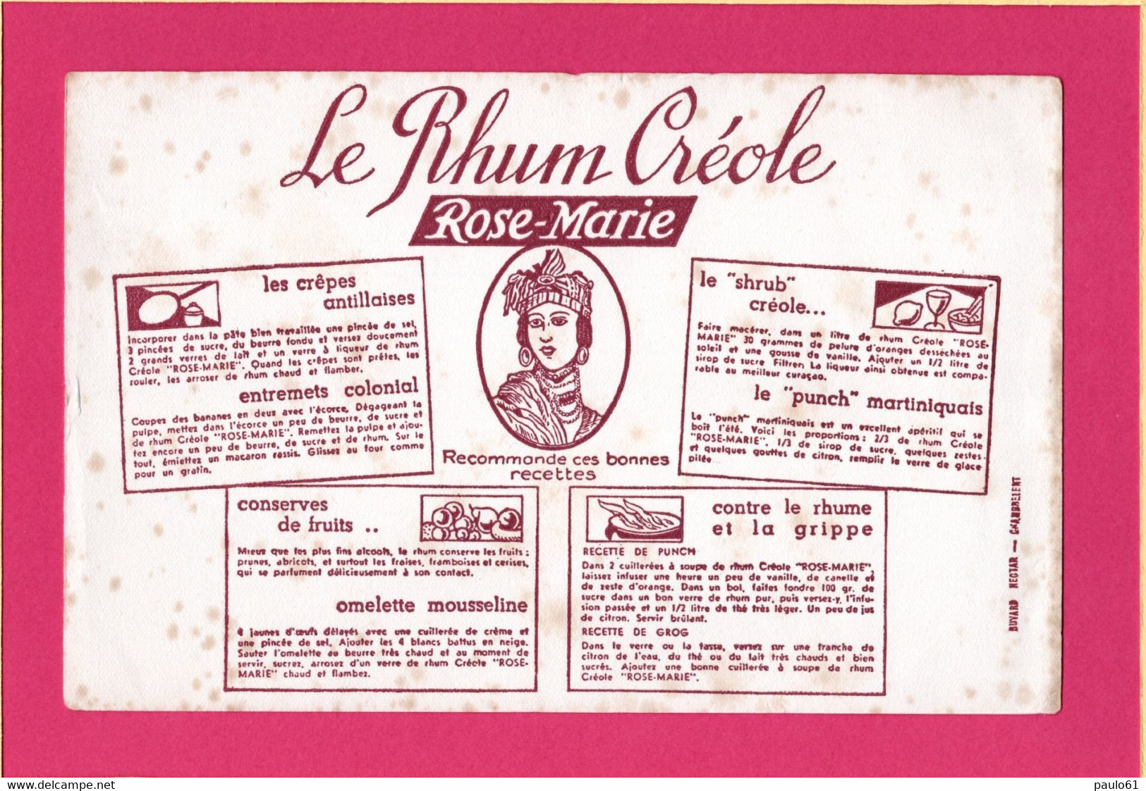 BUVARD & Blotting Paper : Buvard Ancien Et Rare Le Rhum CREOLE ROSE MARIE - Licores & Cervezas