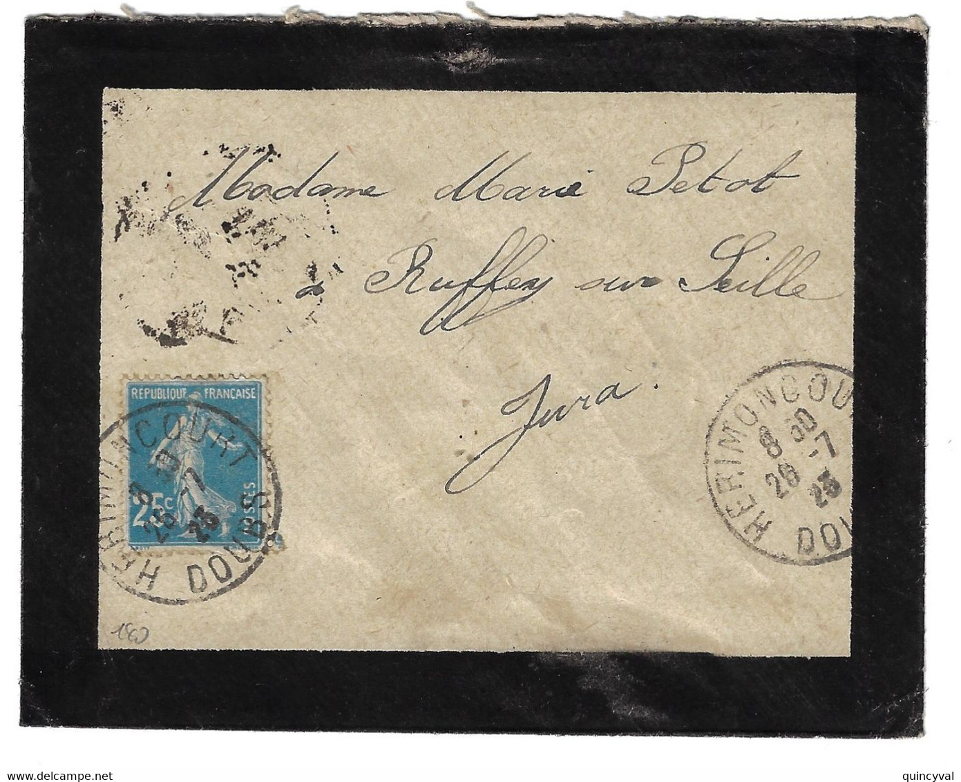 HERIMONCOURT Doubs Enveloppe Carte De Visite DEUIL 25c Semeuse Bleu Yv 140 Ob 25 7 923 - Briefe U. Dokumente
