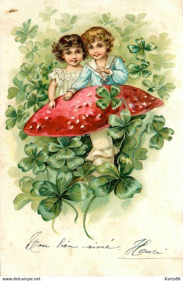 Champignon & Enfants * CPA Illustrateur Gaufrée Embossed * Champignons Mushroom Enfant Fleurs Trèfle * 1906 - Funghi