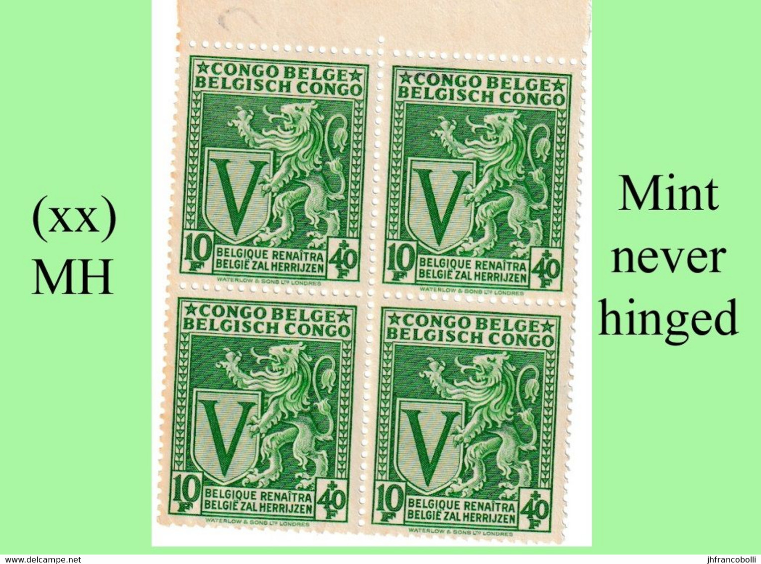 1942 ** BELGIAN CONGO / CONGO BELGE = COB 268 MNH GREEN SPITFIRE LION : BLOC OF -4- STAMPS WITH ORIGINAL GUM - Blokken