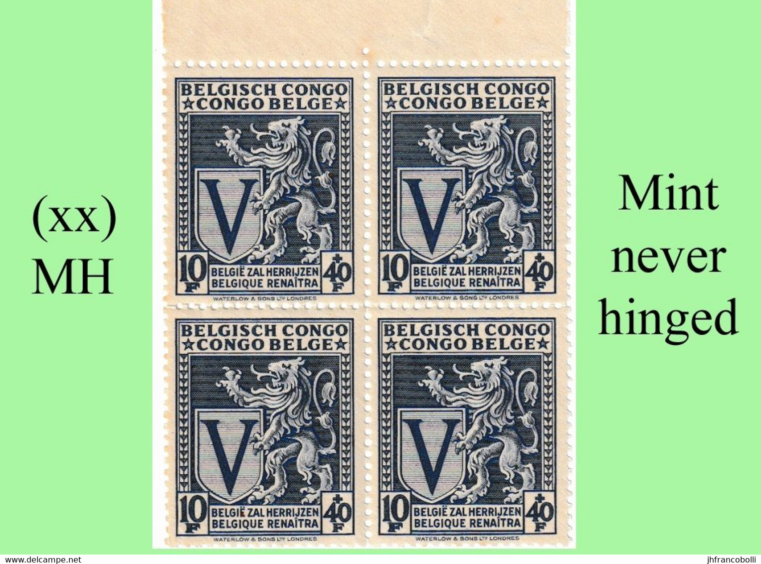 1942 ** BELGIAN CONGO / CONGO BELGE = COB 269 MNH BLUE SPITFIRE LION : BLOC OF -4- STAMPS WITH ORIGINAL GUM - Blokken