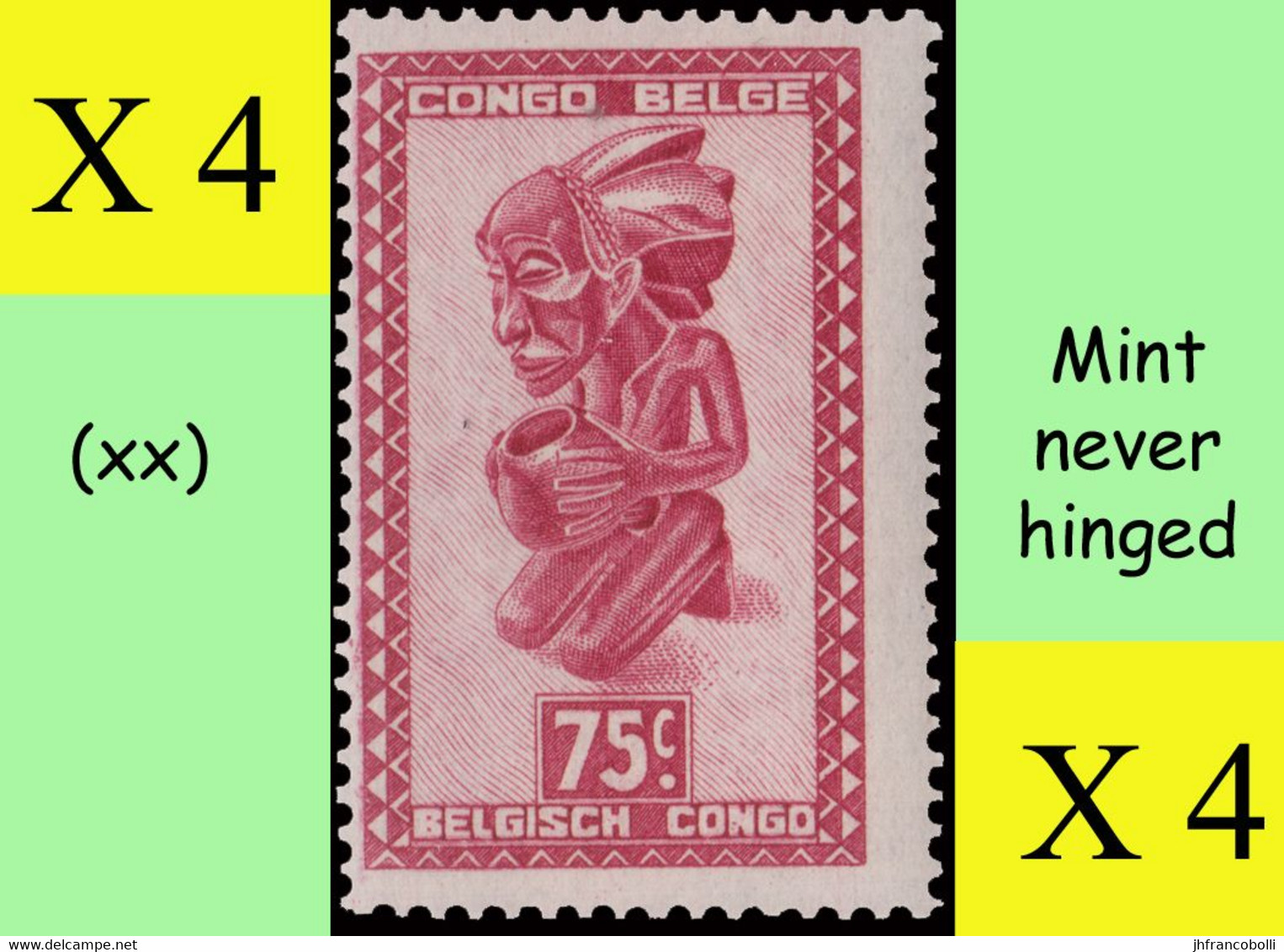 1947 ** BELGIAN CONGO / CONGO BELGE = COB 284 MNH MASKS & CARVINGS : BLOC OF -4- STAMPS WITH ORIGINAL GUM - Blocks & Sheetlets