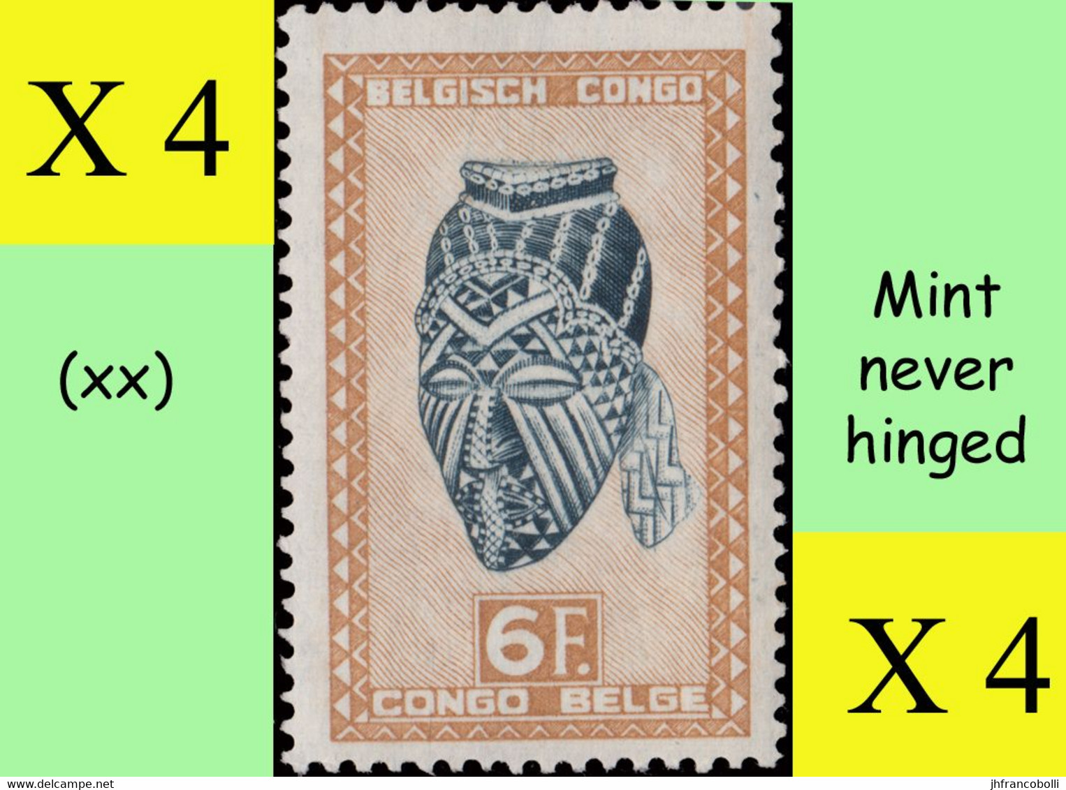 1947 ** BELGIAN CONGO / CONGO BELGE = COB 291 MNH MASKS & CARVINGS : BLOC OF -4- STAMPS WITH ORIGINAL GUM - Blokken