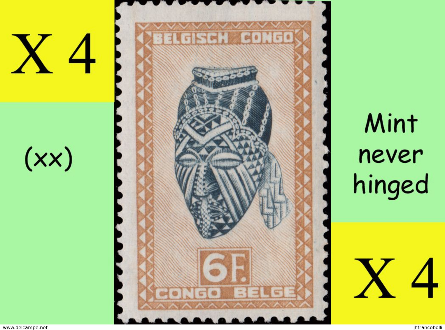 1947 ** BELGIAN CONGO / CONGO BELGE = COB 291 MNH MASKS & CARVINGS : BLOC OF -4- STAMPS WITH ORIGINAL GUM - Blocs