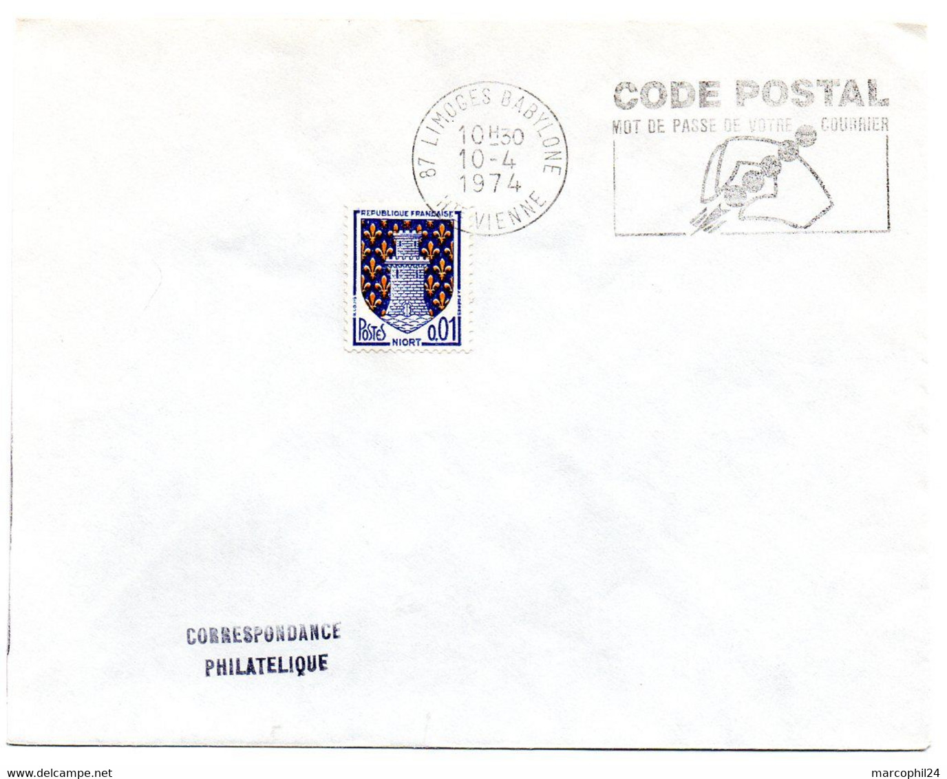 VIENNE / HAUTE - Dépt N° 87 = LIMOGES BABYLONE 1974 =  FLAMME SECAP Illustrée ' CODE POSTAL / Mot Passe' - Codice Postale